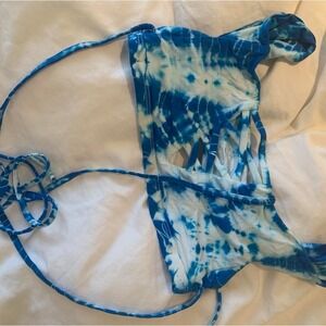 Frankie's Bikinis blue tie dye off the shoulder top with cross cross straps